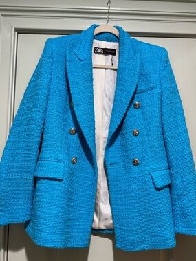 Zara Bright Turquoise Double-Breasted Tweed Blazer